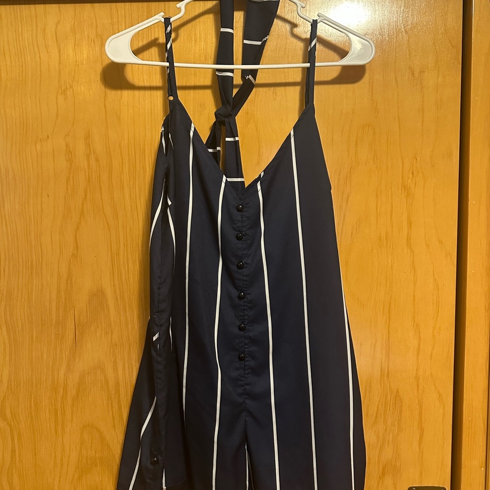 Navy Striped Romper with Waistband